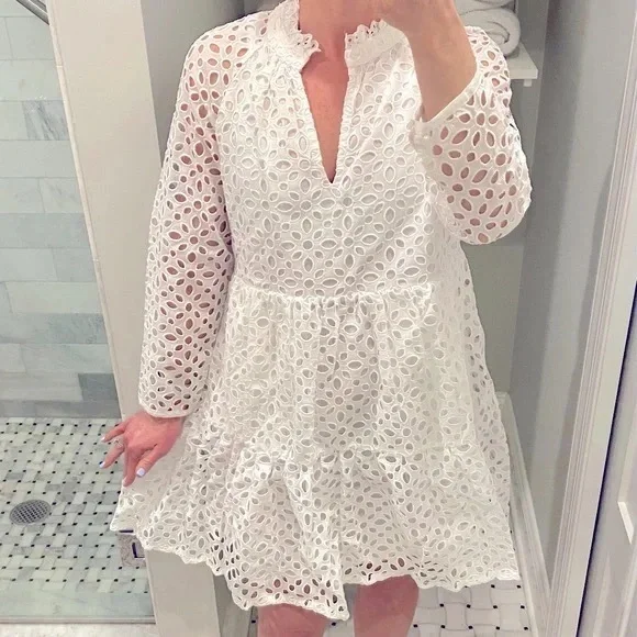 J.CREW  EYELET TIERED
EMBROIDERED POPOVER DRESS -
WHITE - Size Medium - Picture 2 of 9